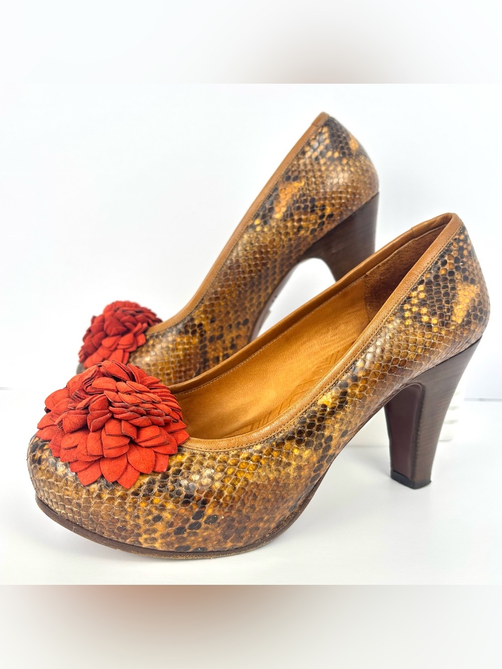 Women’s‎ Chie Mihara Snake-Print Platform Heels Leather Red Flower 38 7.5-8